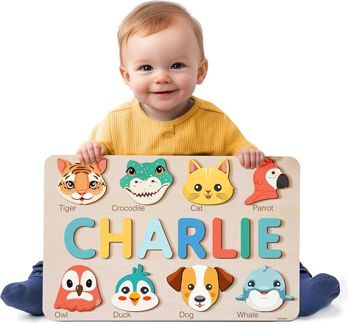 Personalized Animal Name Puzzle for Baby Boys & Girls, Handmade Wooden Toy, Custom Baby Gift, First Christmas or Birthday Present, 1 Year Old Gifts