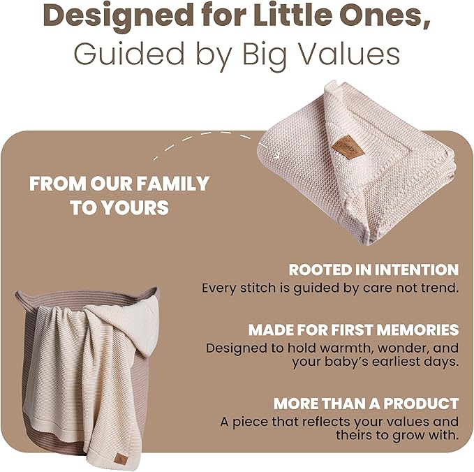 100% Organic Cotton Baby Knitted Blanket with Gift Box - Soft Toddler, Crib, Stroller Blanket - Neutral Swaddle and Receiving Blanket for Newborns, 30"x40", Stone