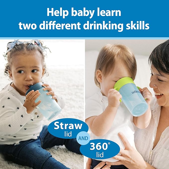 Dr. Brown's Milestones Straw to 360 Convertible Toddler Training Cup Set with Interchangeable Silicone Straw and 360 Degree Cup Lids, Blue Green, 10 oz/300 mL, BPA-Free, 9m+, 2-Pack
