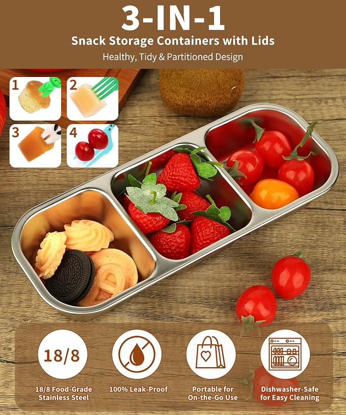 JUJOJB 1 Pack Stainless Steel Snack Containers, Bento Box With Lids,Leak Proof Metal Lunch Box with 3 Compartments,Reusable Lunch Meal Prep Containers for ffice,Work,Travel For Adults Little One