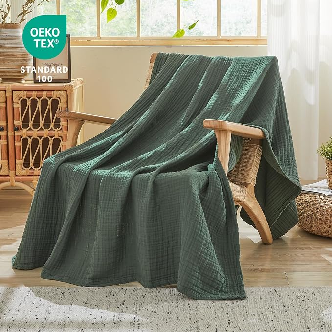 EMME Cotton Muslin Large Throw Blanket Couch Breathable Gauze Blanket Soft Lightweight Bed Blankets Adults (Forest Green, 50"x71")