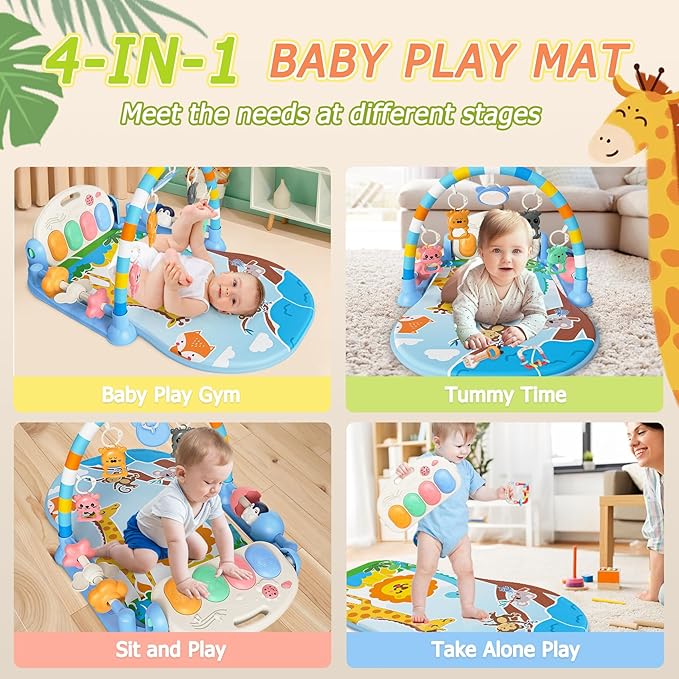 Baby Play Mat with Kick and Play Piano Gym, Funny Tummy Time Mat with Music and Lights, Baby Gyms & Playmats with 5 Infant Sensory Toys, Newborn Boy & Girl Gifts Months (Blue)