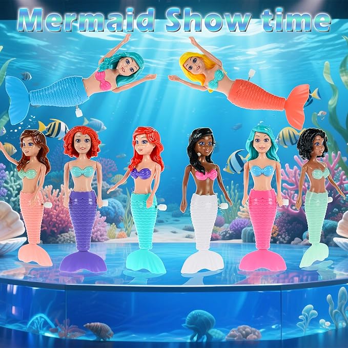 dollbie 12-Pack Wind-Up Mermaid Bath Toys for Kids -Toddler Bath Toys for Kids Moving Tail Priness Doll Diverse Hair Colors & Styles Mermaids, Swimming Pool Party Favors