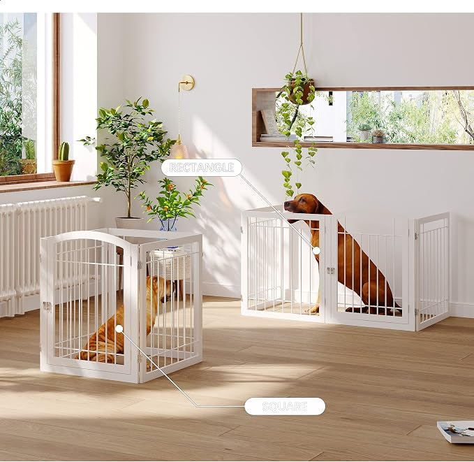 JSB 96-inch Extra Wide 30-inch Tall Dog gate with Door Walk Through, Freestanding Pet Gate for Halls, Stairs & Home, Pet Puppy Safety Dog Fence with 2PCS Support Feet (White)