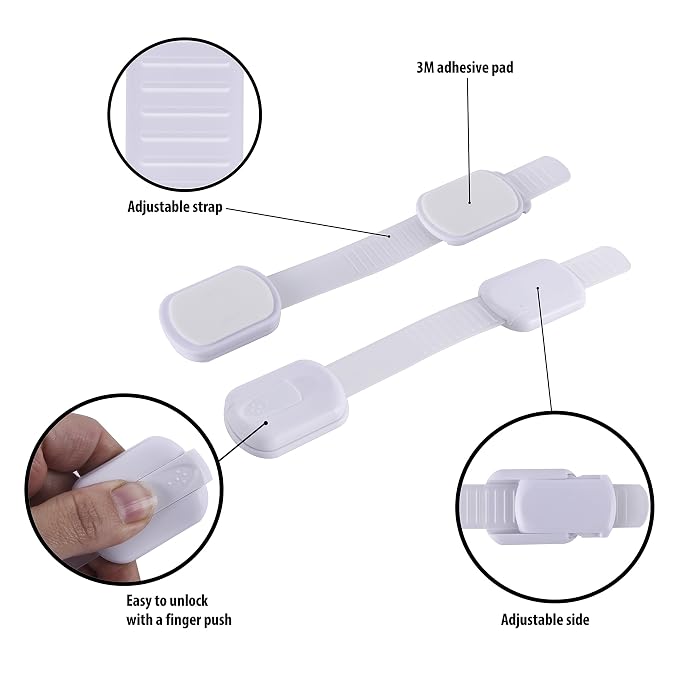 Child Safety Cabinet Locks (10 Pack) – Adjustable Baby Proofing Strap Latches with Strong 3M Adhesive – No Drill Childproof Locks for Drawers, Cabinets, Fridge, Door, Closet, Grey