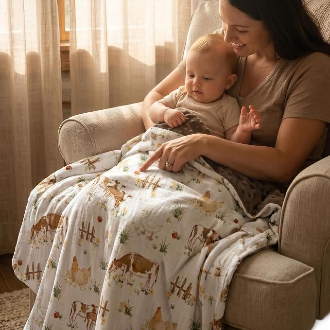 GLLQUEN BABY Blankets for Boys Girls, Soft Muslin Cotton Front Dotted Fleece Backing, Nursery Minky Crib Blanket for Infant Toddler, 30 x 40 inches Throw Blanket, Cow Farm