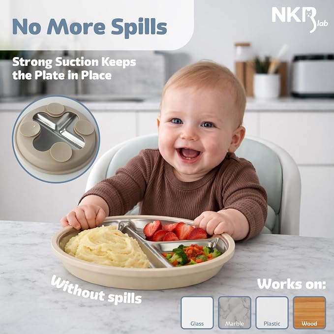 Stainless Steel Toddler Plates with Suction – 4 Pack Divided Baby Plates with Lids – BPA-Free Silicone Base – Dishwasher Safe