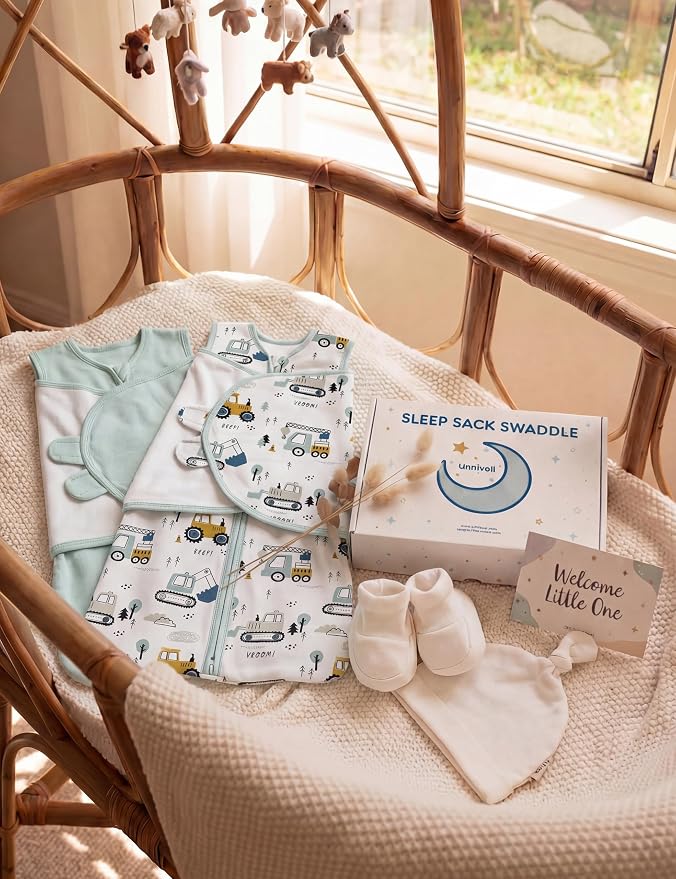 Unnivoll Newborn Sleep Sack Swaddle 100% Cotton Baby Swaddle 0-3 Months, 3-Way Adjustable Wearable Blanket, TOG 0.5, 2 Pack for Baby Boy Girl White Green Excavator