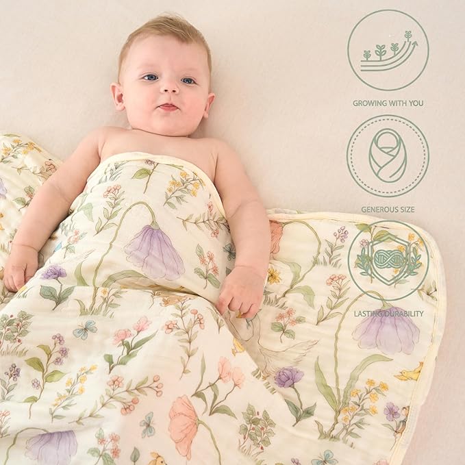 6-Layer Muslin Baby Blanket Made with Organic Cotton - Enchanting Woodland Garden,Swaddle & Crib Quilt, 43" x 43",Garden(Gender Neutral) (Pack of 2)