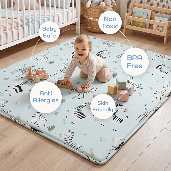 1.5" Thick Premium Baby Floor Play Mat, 71x79 Over-Sized Padded Memory Foam Mat, Tummy Time Crawling Playmat for Nursery Kids Playroom, Zebra