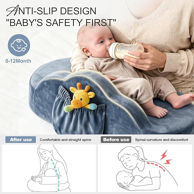 Jaxmoon Nursing Pillows for Breastfeeding, Soft Memory Foam Breastfeeding Pillow, Baby Feeding Pillow for New Mom, Lactation Pillow with Adjustable Waist Strap, Storage Pocket, Removable Cover, Grey
