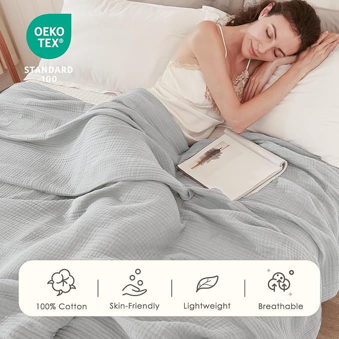 EMME Cotton Muslin Large Throw Blanket Couch 4-Layer Breathable Gauze Soft Lightweight Bed Blankets(Light Grey, 50"x71")