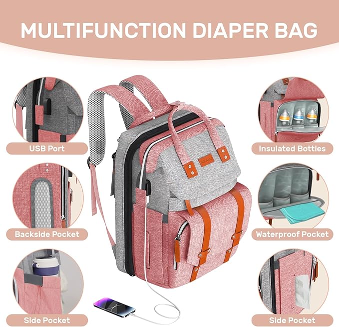 Diaper Bag Backpack with Changing Station, Large Diaper Bag, Multifunctional Diaper Bag, Baby Bag, PinkGray