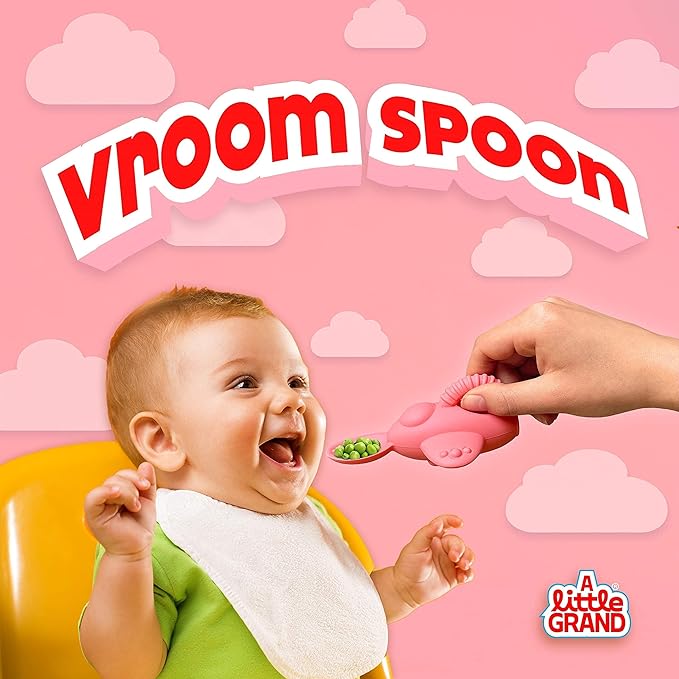 Vroom Spoon - 100% Silicone Soft Training Spoon for Spoon Feeding, Self-Feeding and Baby Led Weaning, Ergonomic Grip with Finger Slot for Easy Fun Feeding (Blue) (1 Spoon, Pink)