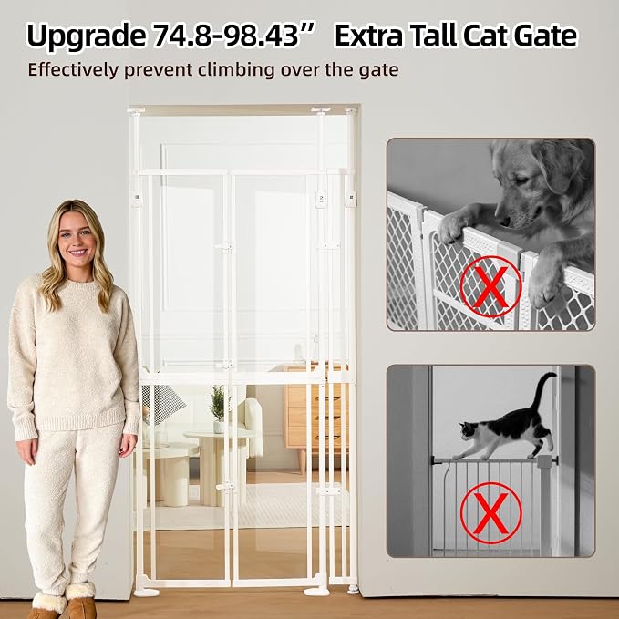 NiceTCU 74.80-98.43'' Extra Tall Cat Gate, Adjustable 33.86-37.40" Wide, Transparent Full Door Pet Gate, Auto Close No Drilling Cat Proof Safety Gate for Doorway Stairs- White