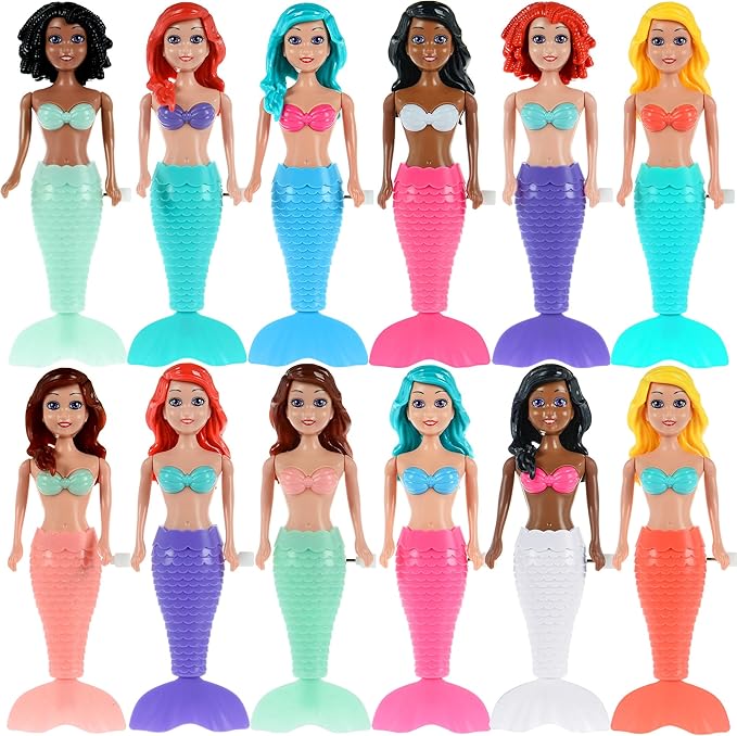 dollbie 12-Pack Wind-Up Mermaid Bath Toys for Kids -Toddler Bath Toys for Kids Moving Tail Priness Doll Diverse Hair Colors & Styles Mermaids, Swimming Pool Party Favors