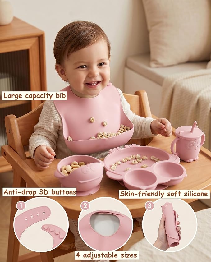 Silicone Baby Feeding Set with Spoon, Bowls, Plates with Suction, Bib, and Toddler Sippy Cups with Replaceable Snack Lids, Pink