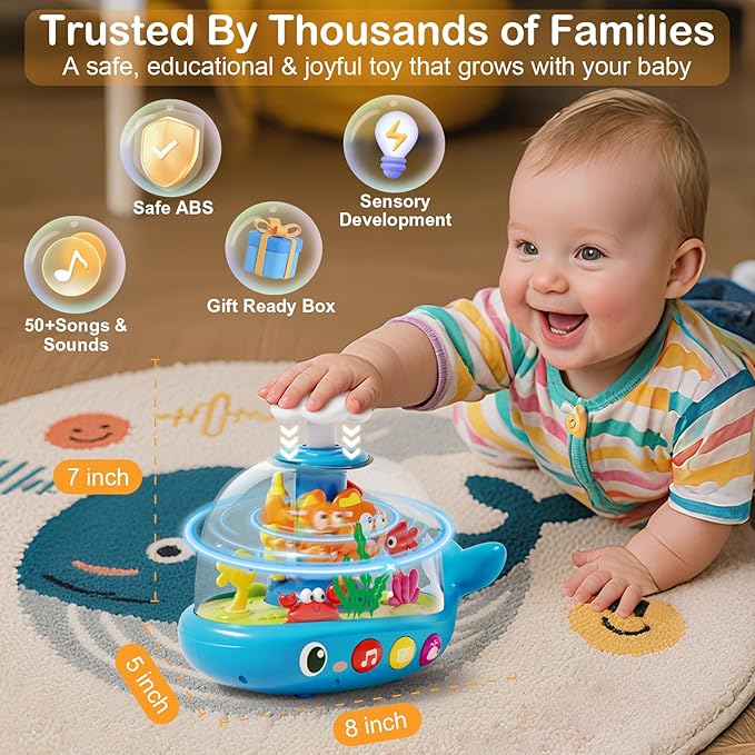 Whale Sensory Spinner Toy for Baby: Light Up Rotating Play with Music ??Safe ABS Early Learning Educational Toys for 6 Months+ ??Christmas Birthday Gift for Boys and Girls