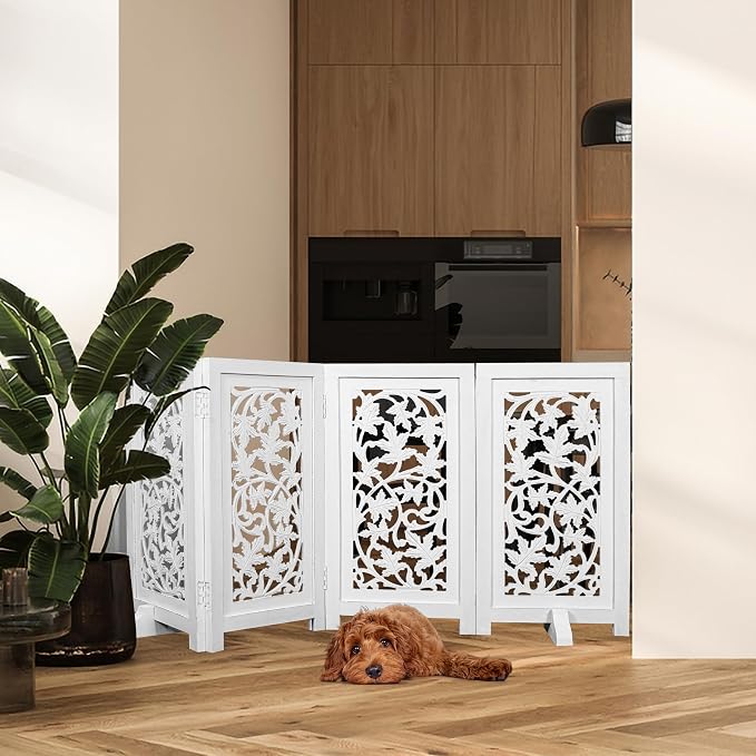 Dog Gate for Indoor Use, 4 Panel Free Standing Foldable Wooden Pet Barrier, 56x28 Inch Decorative Lucy Design Dog Fence for Doorway, Stairs, or Hallway, White Antique