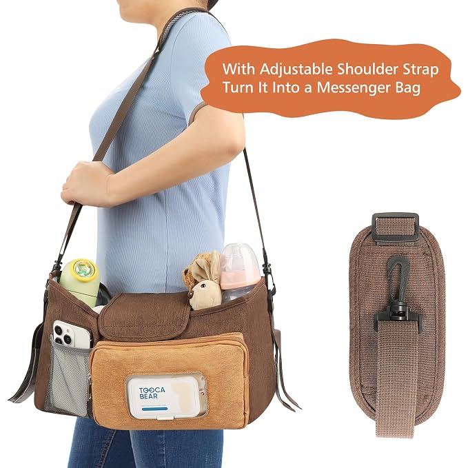 Accmor Universal Stroller Organizer with Insulated Cup Holder, Stroller Caddy Bag Accessories, Stroller Cup Holder Organizer for Uppababy Baby Jogger Britax Stroller, Brown