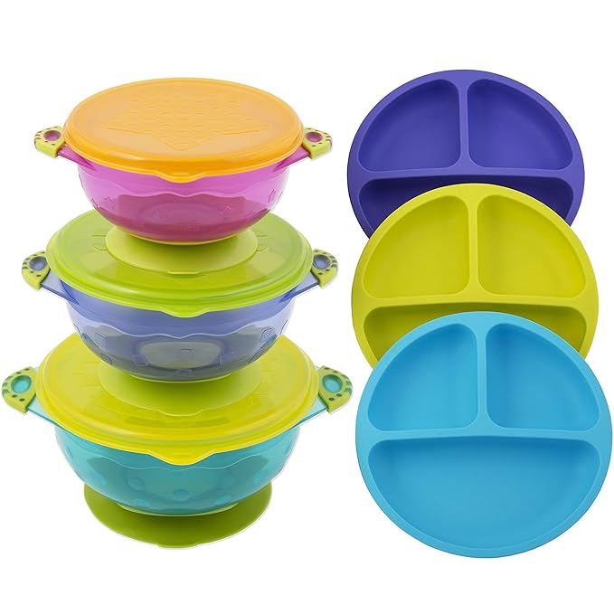 EVLA'S Silicone Plates & Baby Bowls Set, Suction Bowls with Lids and Divided Plates, Unbreakable, Easy-to-Clean Feeding Set for Growing Babies and Toddlers