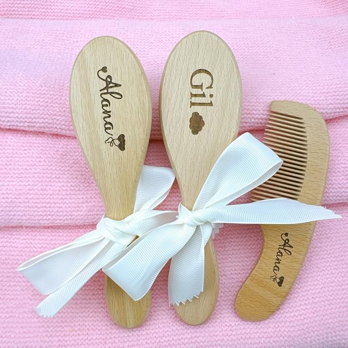 Personalized Baby Hair Brush and Comb Set for Newborns and Toddlers, Soft Goat Hair Brush, Natural Wood Massage Brush and Comb, Preventing Cradle Cap