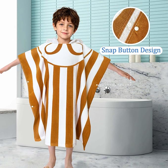 VOOVA & MOVAS Hooded Poncho Towel for Kids (4-8 Years,30"X30") | Soft Absorbent Cotton Towel Robe for Boys & Girls | Versatile Beach, Pool, Swim & Bath Cover-Up | Brown Stripe