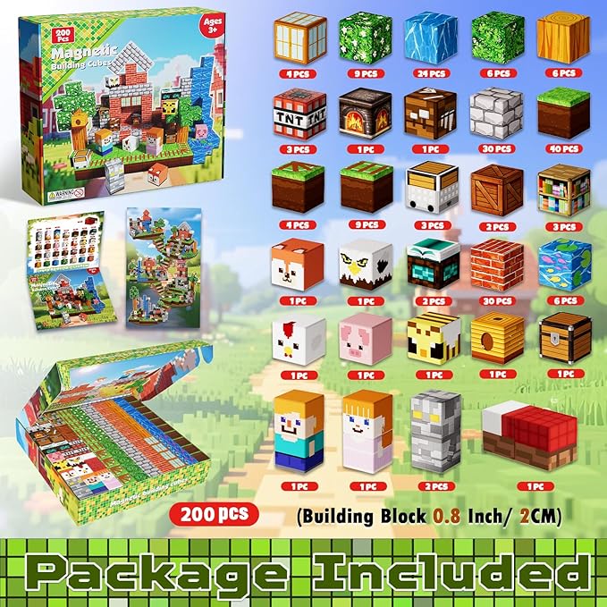 Goody King 200 PCS Magnetic Blocks - Forest Magnetic Building Blocks, Stacking Magnets for Kids, Strong Magnets, Sensory Toy for STEM Learning Toys for Kids 3+ Boys and Girls Christmas Birthday Gifts