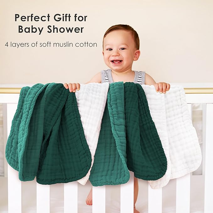 Muslin Burp Cloths for Baby 100% Cotton Burping Cloths for Unisex, Boy, Girl - Large 20'' by 10'' Newborn Essentials Ultra Soft Absorbent Milk Spit Up Rags - 12 Pack - White+Deep Emerald Series