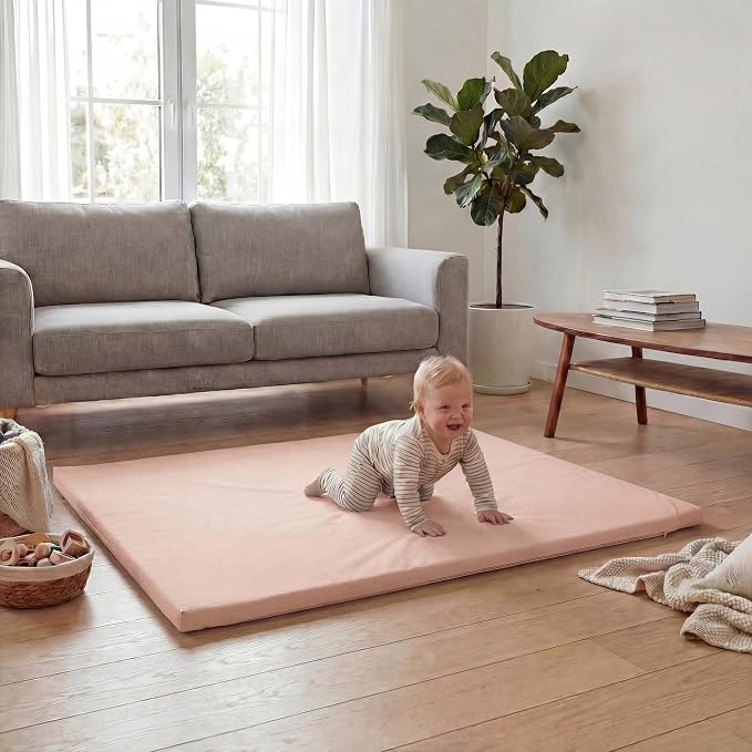 Huloo Sleep Baby Play Mat 50x50 Inches, 1.3" Thick Padded Waterproof Floor Cushion & Playpen Mat with Vegan Leather, Non-Slip & Non-Toxic Nursery Rug for Infants, Toddlers & Kids(Pink)