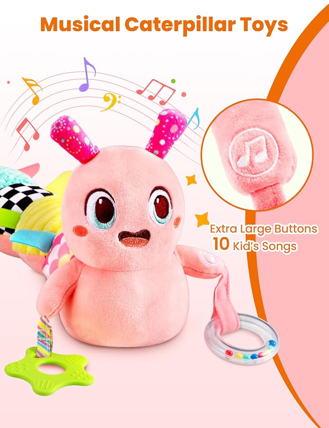 Musical Caterpillar Baby Sensory Toy for Infant Development 0-12 Months – Newborn Bath, Car Seat, Stroller & Bassinet Activity Toy & Gift – Tummy Time Crawler & Teether(Pink)