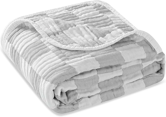6-Layer Muslin Baby Blanket Made with Organic Cotton - Classic Neutral Checkered, Swaddle & Crib Quilt, 43”x43”,Grey Checkered