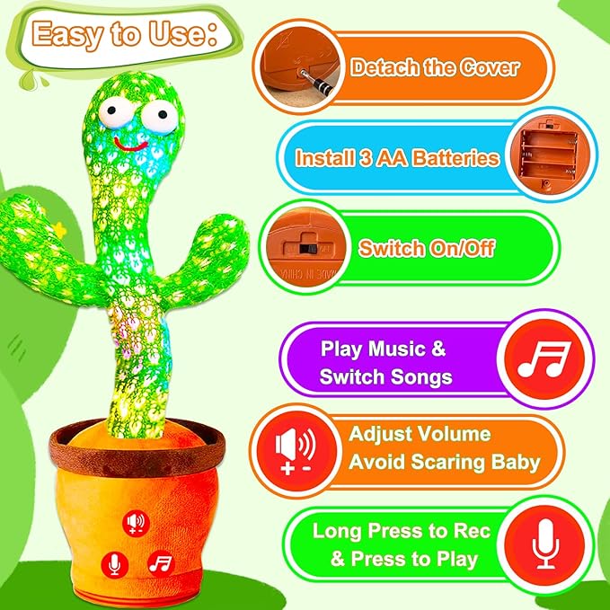 Baby Toys Interactive, Dancing Talking Cactus Toy Volume Adjustable, Mimicking Singing Repeating, Easter Gifts / Easter Basket Stuffers for Baby Toddler, Toddler Infant Baby Toys Gifts for Boys Girls