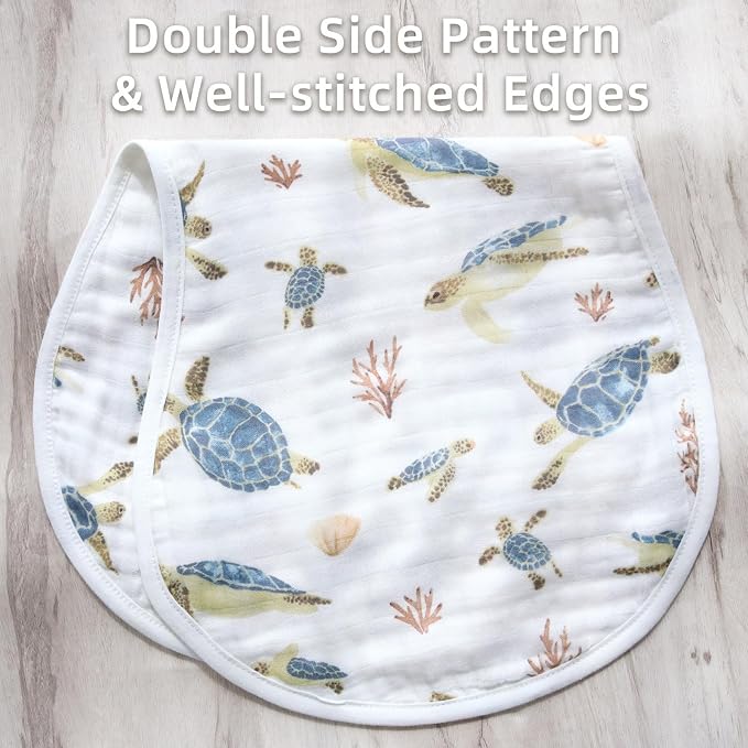 LifeTree Muslin Baby Burp Cloths - 2 Pack 70% Viscose from Bamboo and 30% Cotton Large 22'' by 10.6'' Absorbent Milk Spit Up Rags - Burping Cloths for Newborn, Girls Boys, Sea Turtle & Blue Checkered