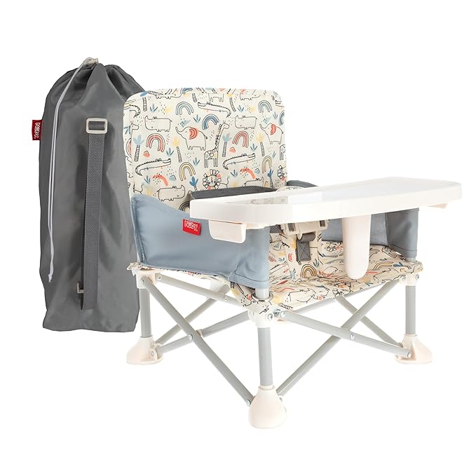 Nuby Pop-Up Booster Seat with Removable Tray - 6+ Months - Portable Booster Seat for Floor for Indoor/Outdoor Use - 3-Point Safety Adjustable Straps - Summer Travel Essentials - Safari