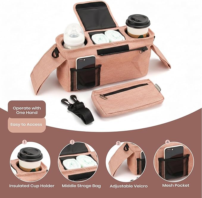 Pink Universal Stroller Organizer with 2 Insulated Cup Holders, 3-in-1 Stroller Caddy with Detachable Phone Bag & Non-Slip Shoulder Strap, Fits Uppababy, Nuna, Doona, Baby Essentials