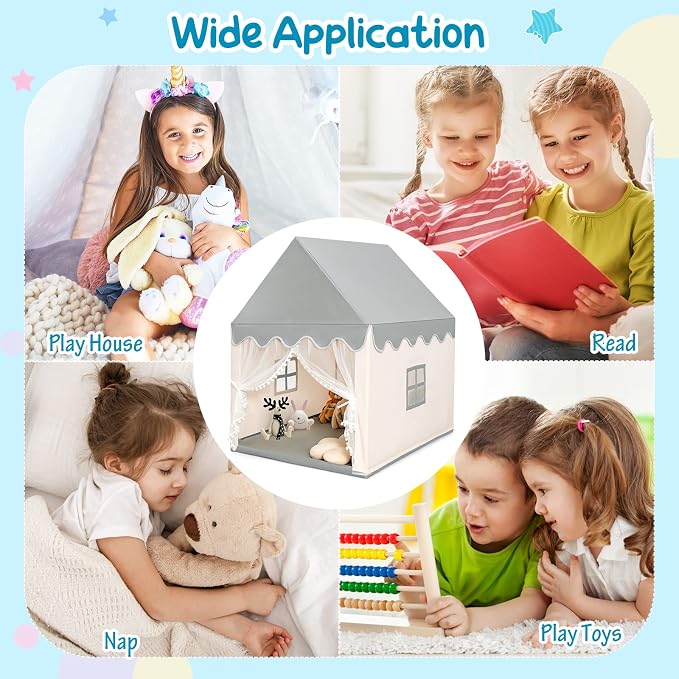 Costzon Kids Play Tent, Large Playhouse w/Washable Mat, Windows, Solid Wood Frame, Indoor Outdoor Princess Tent for Children Boys & Girls, Castle Fairy Tent, Holiday Birthday Gift (Beige)