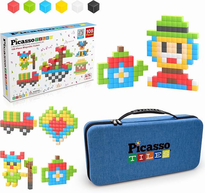 PicassoTiles 108PC Magnetic Puzzle Cube + Toys Carrying Case, 1" Pixel Mix & Match Cubes w/Free Idea Book Sensory Toys, Magnetic Tiles Construction Block Travel Bag, Waterproof Storage Organizer Box