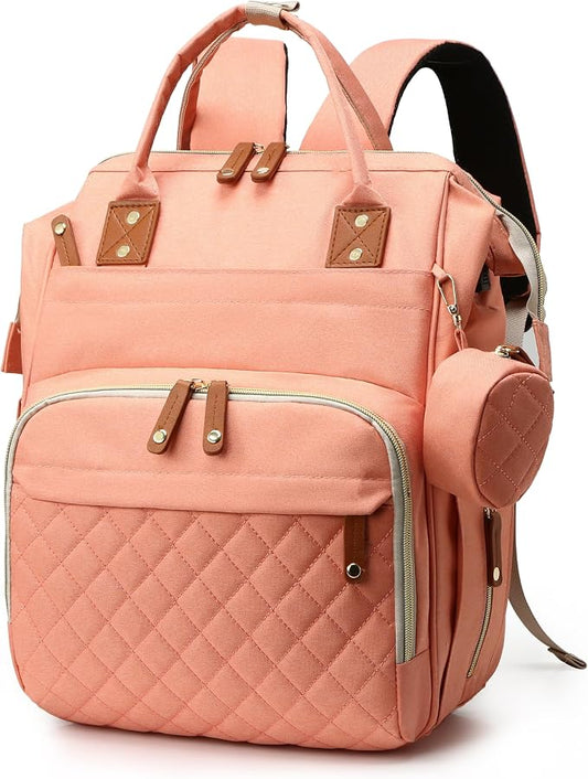 Diaper Bag with Changing Pad – Large Capacity, 15+ Pockets, USB Port, Waterproof Travel Backpack for Mom & Dad – Bonus Pacifier Case - Pink
