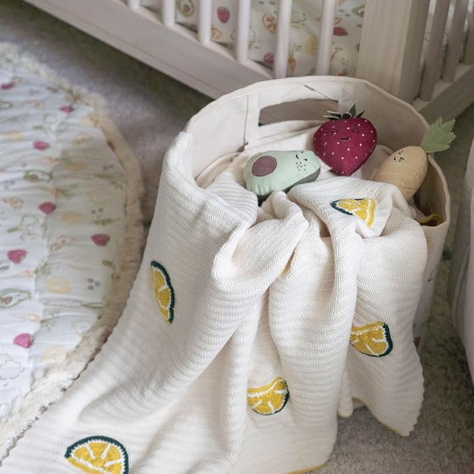 Crane Baby Cotton Knit Baby Blanket, Lemon Embroidered Knitted Stroller Blanket for Boys and Girls, Soft Lightweight Gender Neutral Crib Blanket, Cream and Yellow Nursery Decor, 30" x 40"