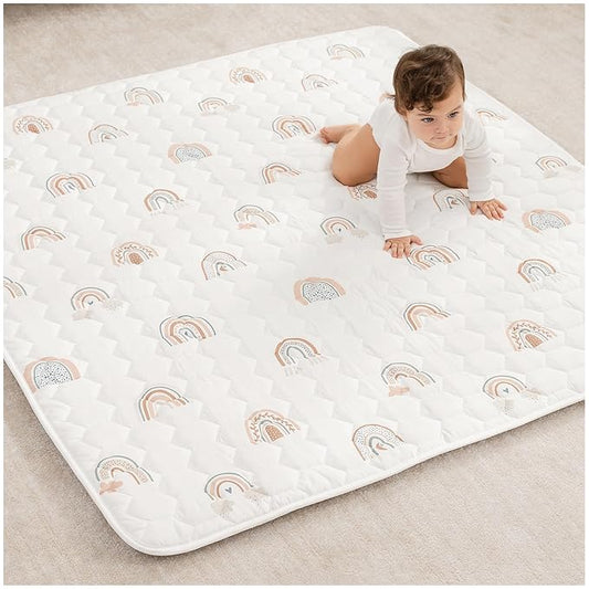 Comfy Cubs Square Kids Play Mat - 56 x 56 inches Soft Quilted Baby Floor Mat with Non-Slip Bottom - Plush Design for Toddlers' Playtime - Comfortable and Durable - Rainbow