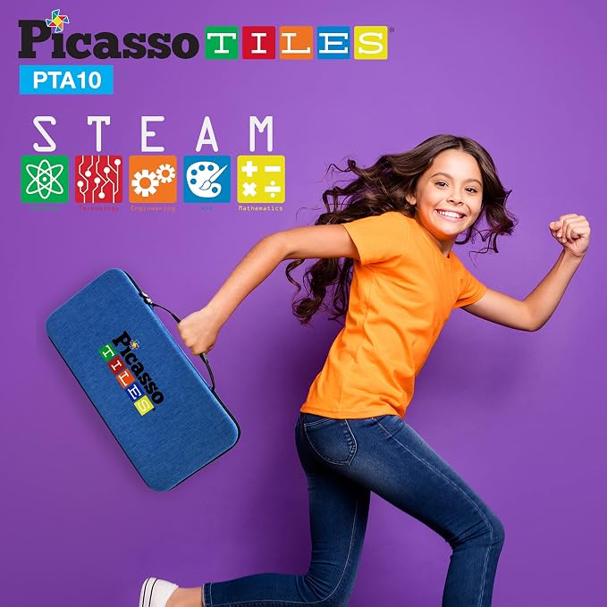 PicassoTiles 108PC Magnetic Puzzle Cube + Toys Carrying Case, 1" Pixel Mix & Match Cubes w/Free Idea Book Sensory Toys, Magnetic Tiles Construction Block Travel Bag, Waterproof Storage Organizer Box