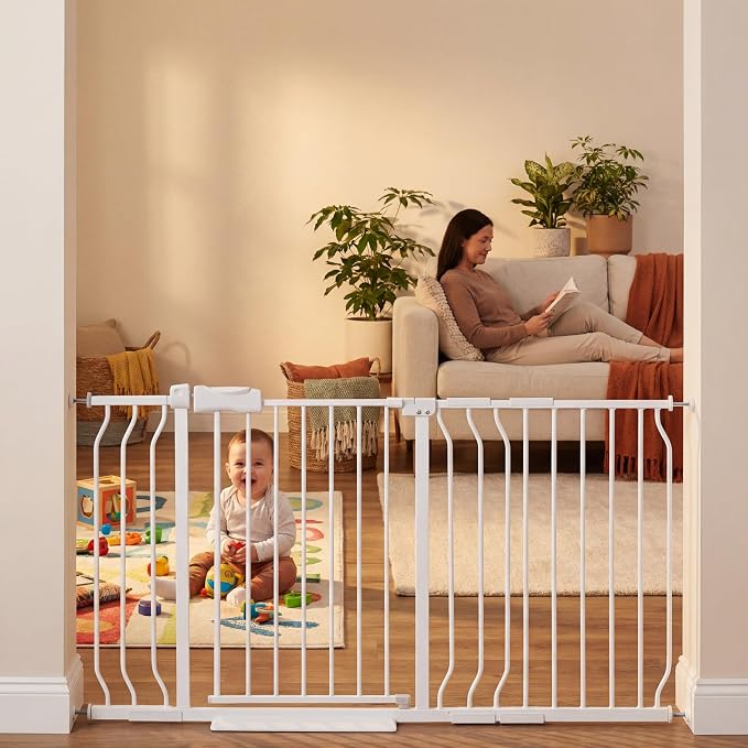 Extra Wide Baby Gate Tension Indoor Safety Gates White Metal Large Pressure Mounted Pet Gate Walk Through Long Safety Dog Gate for The House Doorways Stairs (52.76"-57.48"/134-146CM, White)