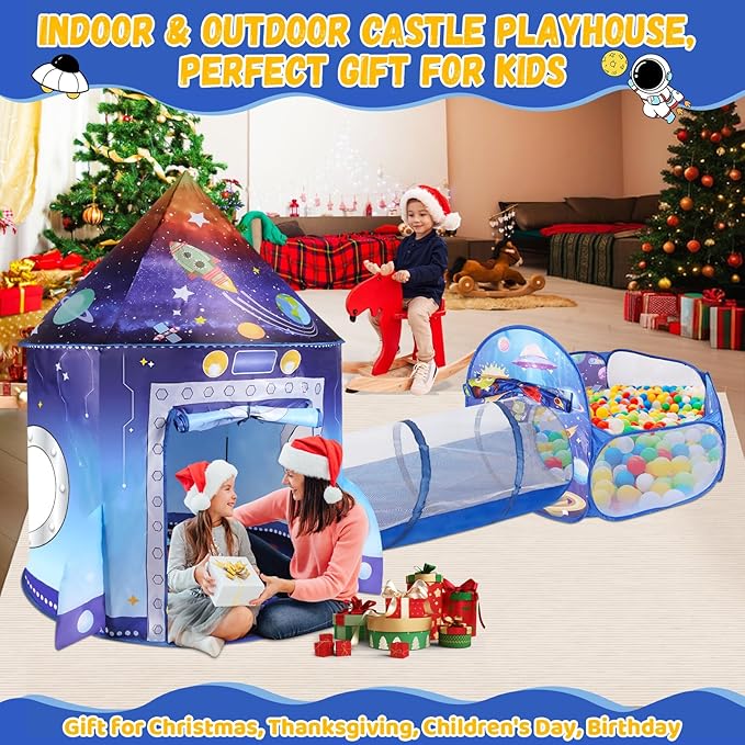 3 in 1 Rocket Ship Play Tent with Tunnel Ball Pit for Kids Space Themed Pop Up Playhouse Indoor Outdoor Astronaut Tent Set Toy Gift for Boys Girls Toddler Baby Child Games Birthday Party