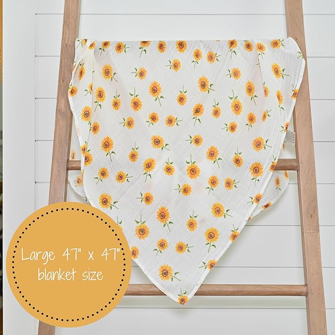 LollyBanks Baby Blanket, 100% Cotton Muslin Swaddle Blankets for Girls, Large 47 x 47 Inches Newborn Blanket, Soft and Breathable Receiving Blankets, Baby Essentials, Registry (Sunflower Print)