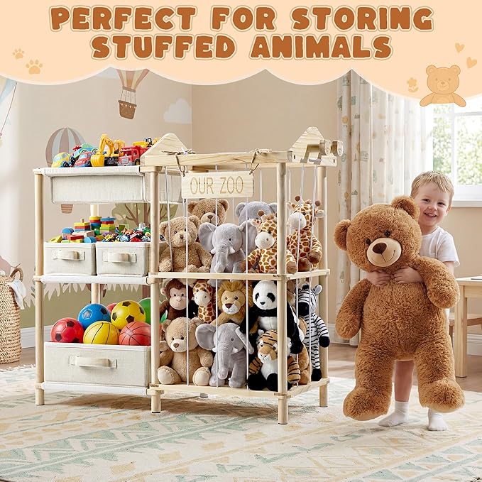Kids Toy Organizers and Storage with 4 Toy Bins - Stuffed Animal Zoo Holder with 2 Hooks - Large Capacity Playroom Organization - Plush Storage for Toddler & Living Room