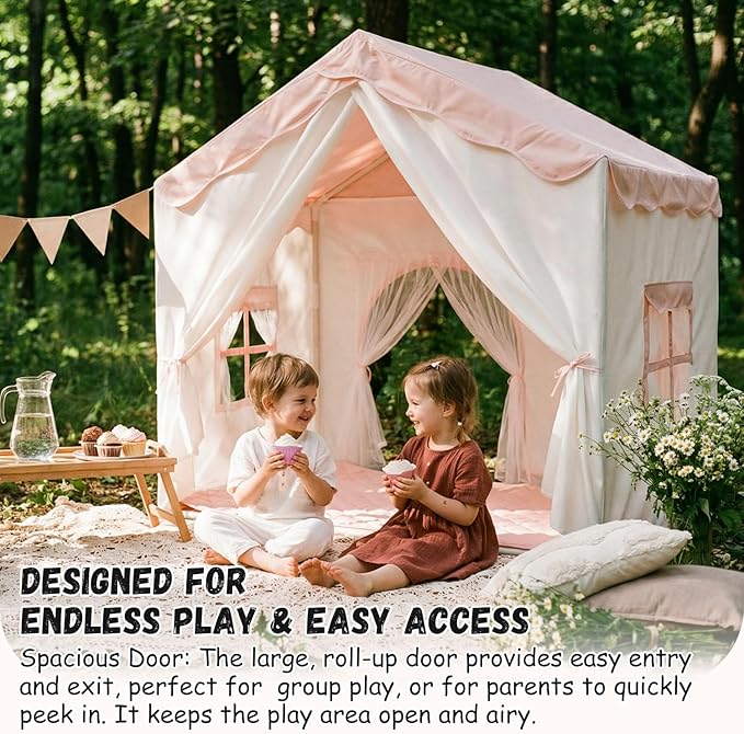 Kids Play Tent with Double Door Children's Playhouse Tents Pink- Portable Fantasy Adventure Castle for Girls, Kids Tent with Mat, House Toys for Girl Birthday, Christmas House Gift