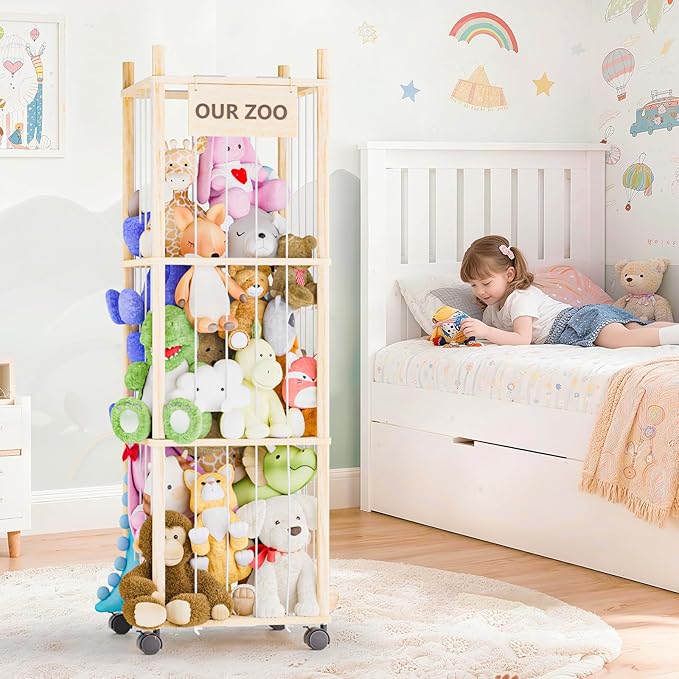 Dayacoco Stuffed Animal Storage with Brake Wheels, Wood Stuffy Animal Storage Zoo Holder Bin, Large Capacity Toy Organizer with Elastic Band and Net for Nursery Play Room Bedroom (Pine Wood 54in)