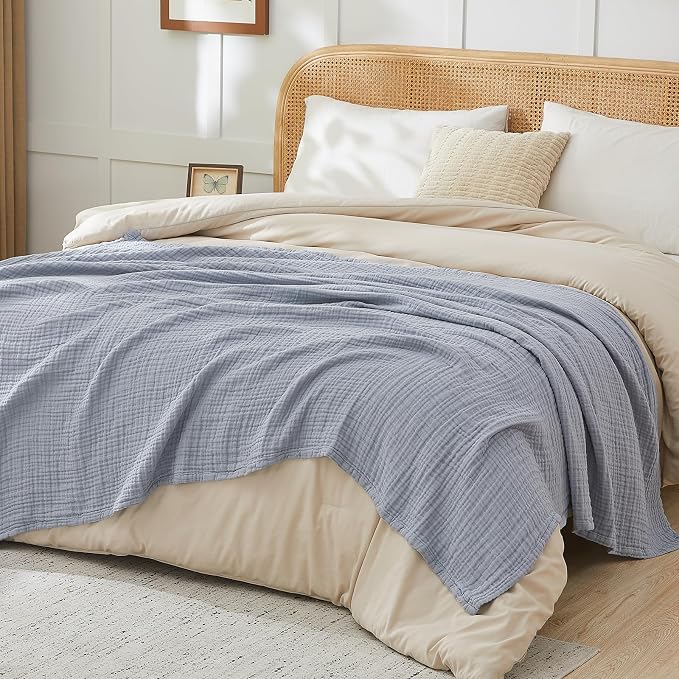 EMME Cotton Muslin Large Throw Blanket Couch Breathable Gauze Blanket Soft Lightweight Bed Blankets Adults (Dusty Blue, 50"x71")