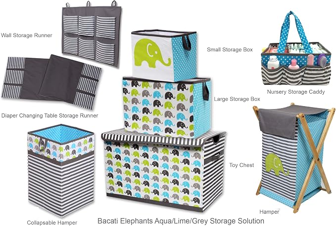Bacati - Elephants Set of 2 100% Cotton Washable Reusable Burpies/Burp Cloths (Aqua/Lime/Grey)